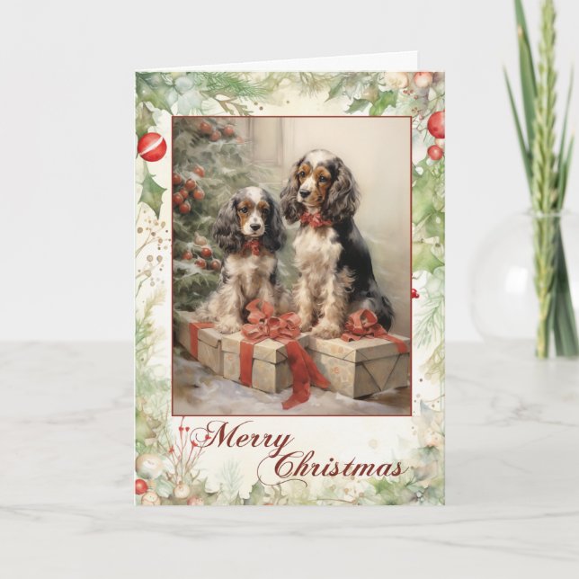 Cartes Pour Fêtes Annuelles Chiots Cocker Spaniel Victorien Noël (Devant)