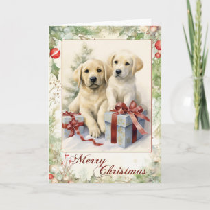 Cartes Pour Fêtes Annuelles Chiots Labrador jaune de Noël victorien