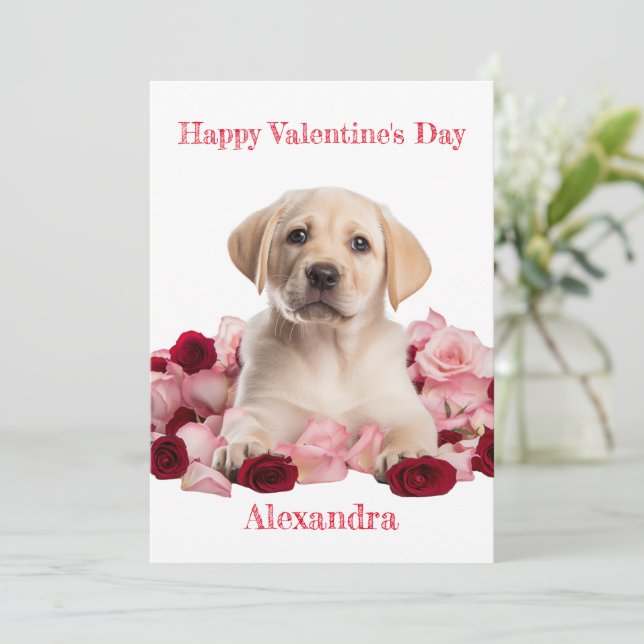 Cartes Pour Fêtes Annuelles Chiots Labrador personnalisé avec rose rose Saint- (Debout devant)