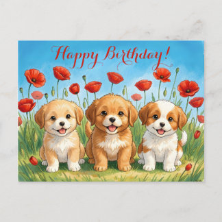 Cartes Pour Fêtes Annuelles Chiots Mignons Personnalisés & Coquelicots Rouges 