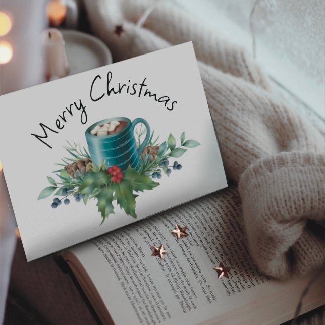 Cartes Pour Fêtes Annuelles Chocolat chaud avec Holly et Winter Greenery Plat (Créateur téléchargé)