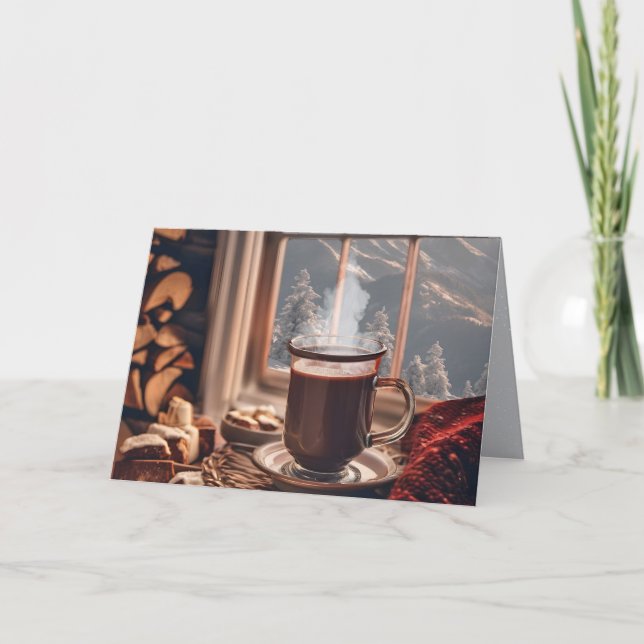 Cartes Pour Fêtes Annuelles Chocolat chaud de Noël par fenêtre d'hiver (Devant)