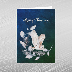 Cartes Pour Fêtes Annuelles Chouette bleue de Noël Branche Feuille Aquarelle