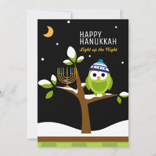 Cartes Pour Fêtes Annuelles Chouette de Hanukkah & Arbre enneigé avec chandeli