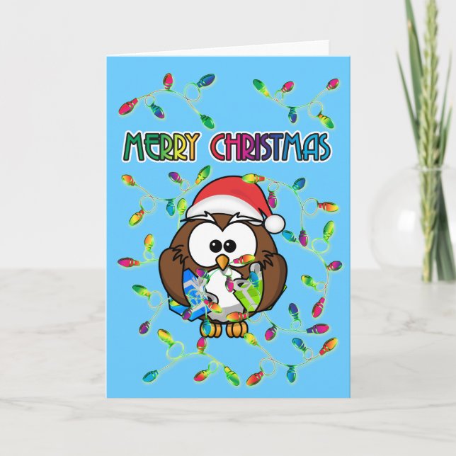 Cartes Pour Fêtes Annuelles Chouette de père Noël et lumières de Noël (Devant)