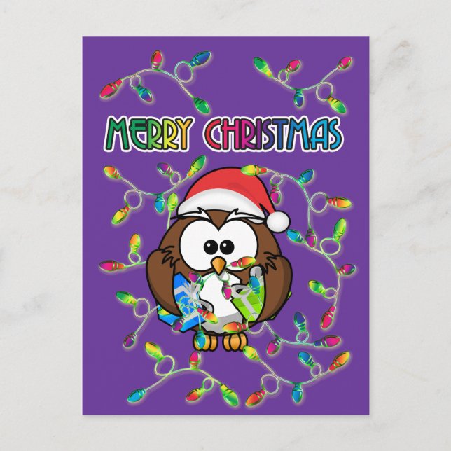 Cartes Pour Fêtes Annuelles Chouette de père Noël et lumières de Noël (Devant)