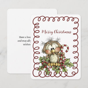 Cartes Pour Fêtes Annuelles Chouette Mignonne Tenant un Cane de Noël