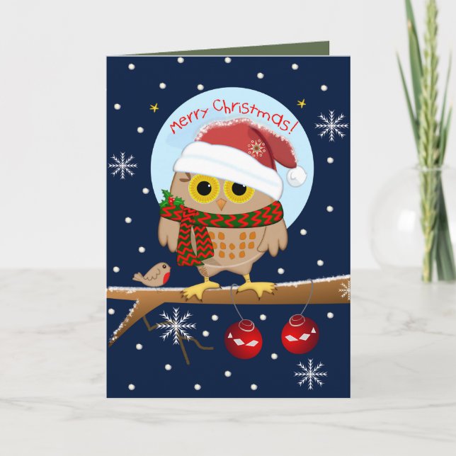 Cartes Pour Fêtes Annuelles Chouette Santa hat Chouette & texte personnalisé (Devant)