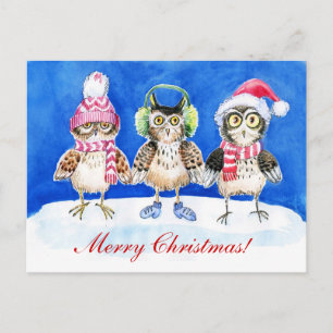 Cartes Pour Fêtes Annuelles Chouettes de Noël aquarelle art