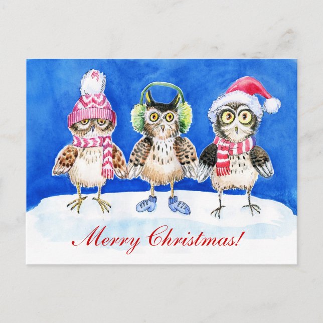 Cartes Pour Fêtes Annuelles Chouettes de Noël aquarelle art (Devant)