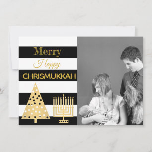 Cartes Pour Fêtes Annuelles Chrismukkah Photo Black Et White Stripes Gold