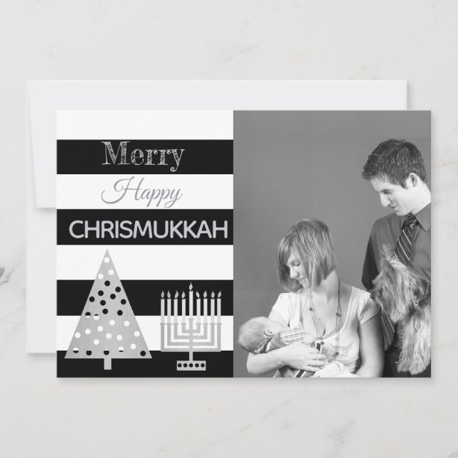 Cartes Pour Fêtes Annuelles Chrismukkah Photo Blancs Noirs Et Blancs Argent (Devant)