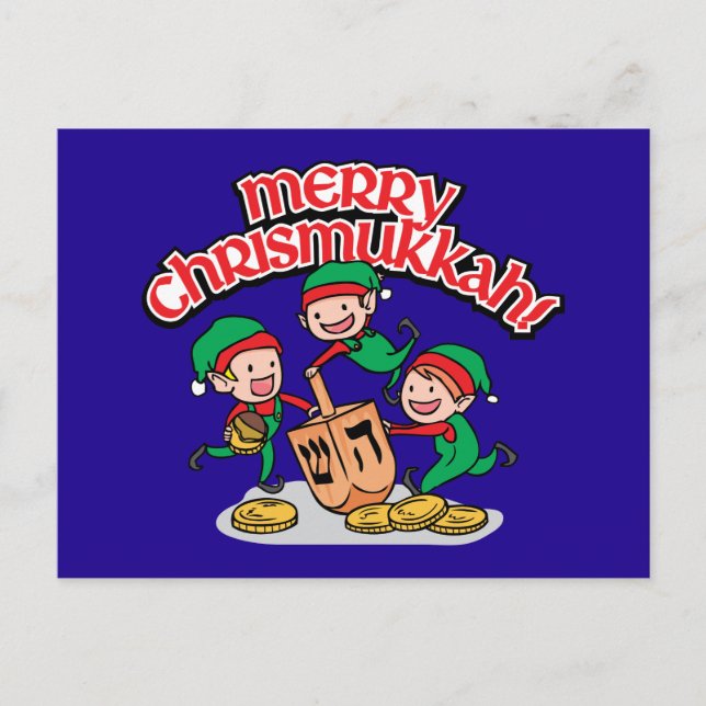 Cartes Pour Fêtes Annuelles Chrismukkah Salutation avec Elves et Dreidels (Devant)