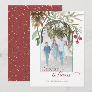 Cartes Pour Fêtes Annuelles Christ est né Photo religieuse de Noël enneigé