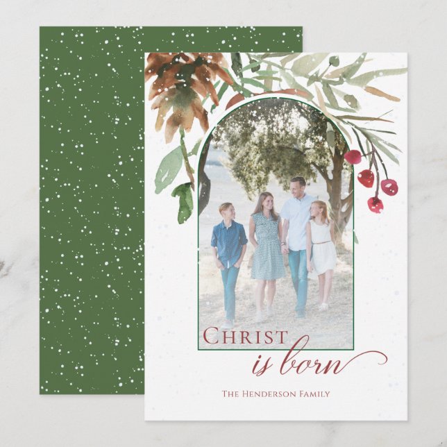 Cartes Pour Fêtes Annuelles Christ neigeux est né Photo religieuse de Noël (Devant / Derrière)