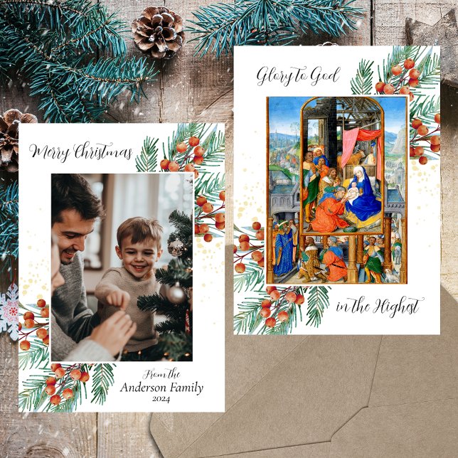 Cartes Pour Fêtes Annuelles Christian Catholic Nativité Famille Photo Noël (Medieval Religious Christian Catholic Merry Christmas Epiphany Green Holly Photo Holiday Card)