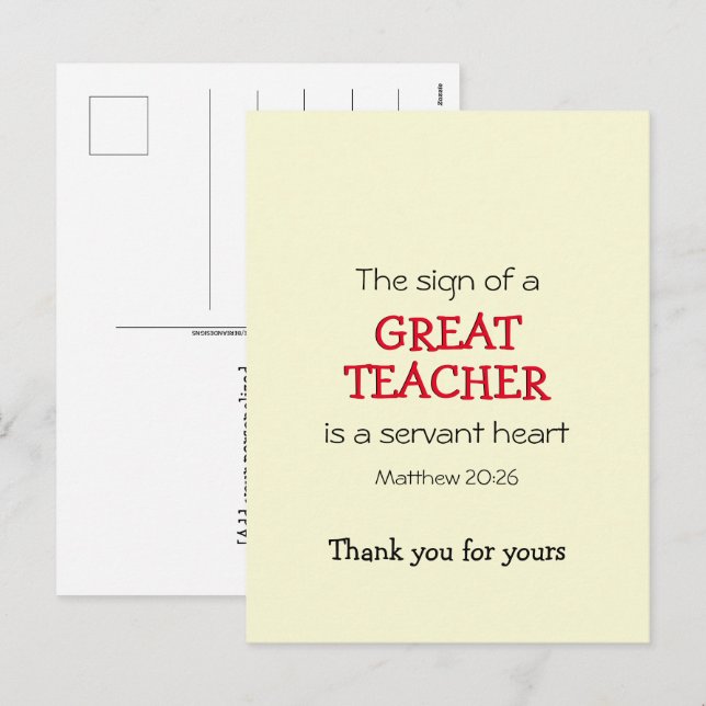 Cartes Pour Fêtes Annuelles Christian GREAT ENSEIGNANT SERVANT DE COEUR Merci (Devant / Derrière)