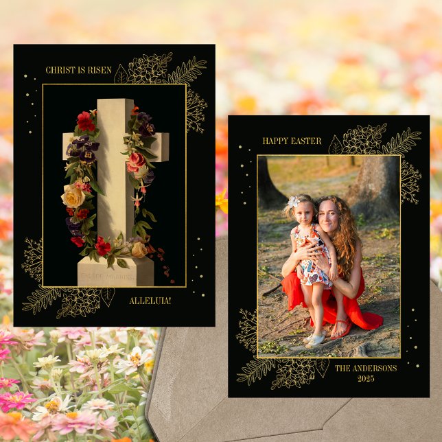 Cartes Pour Fêtes Annuelles Christian Jesus Croix Florale Photo Famille Pâques (Religious Christian Catholic Resurrection Christ is Risen Floral Cross Family Photo Easter Card)