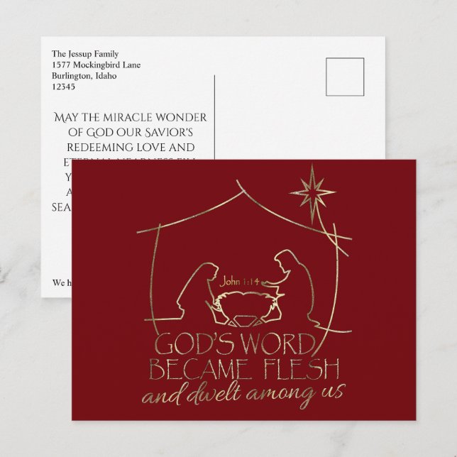 Cartes Pour Fêtes Annuelles Christian Noël Nativité Écriture Élégante Rouge (Devant / Derrière)