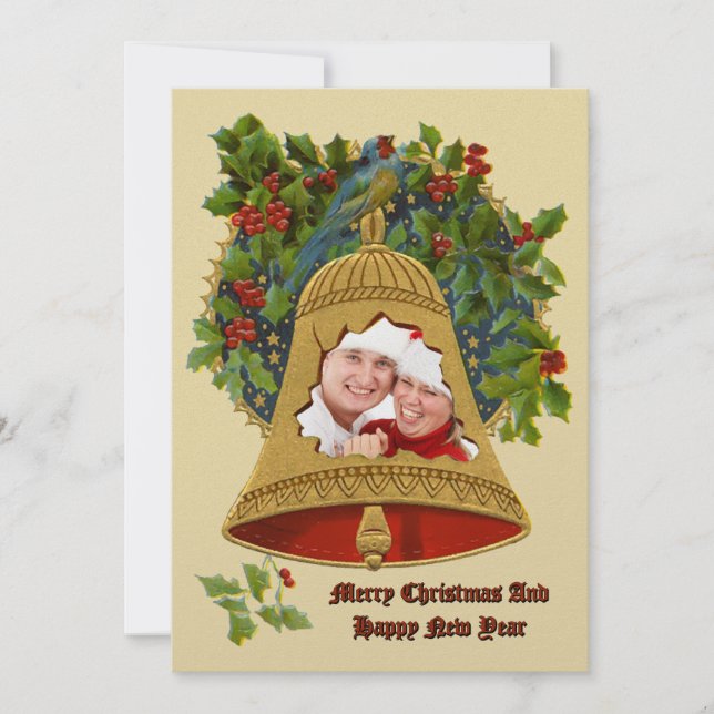 Cartes Pour Fêtes Annuelles Christmas Bell & Holly Wreath Berries Border Photo (Devant)