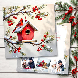 Cartes Pour Fêtes Annuelles Christmas Cardinal & Birdhouse Personalized Photo