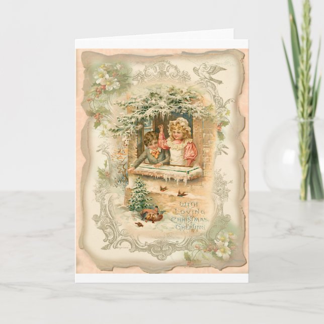 Cartes Pour Fêtes Annuelles Christmas Girl Boy Birds Style victorien (Devant)