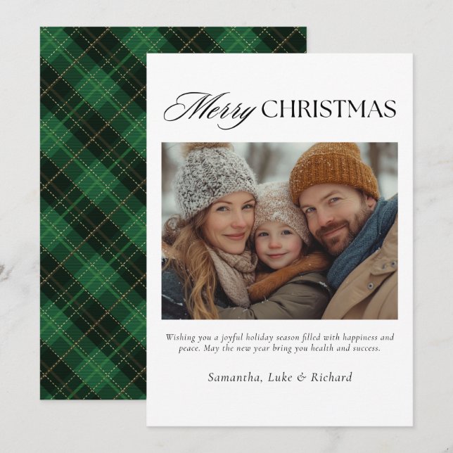 Cartes Pour Fêtes Annuelles Christmas Green Plaid Family Photo Holiday Card (Devant / Derrière)