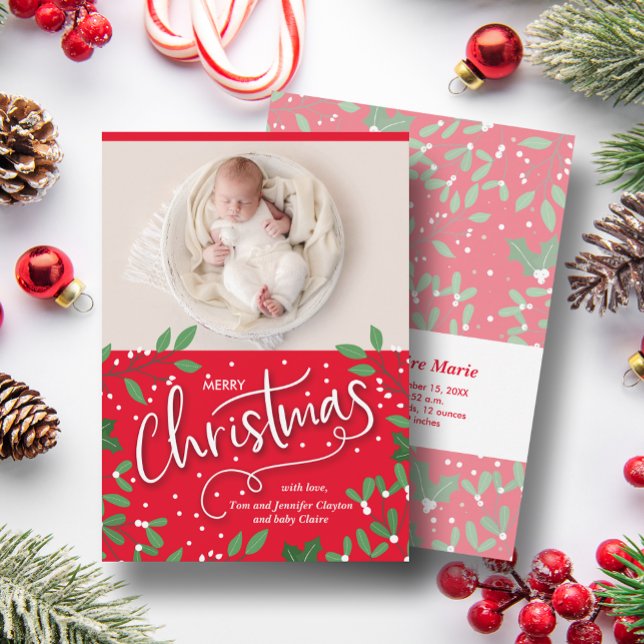Cartes Pour Fêtes Annuelles Christmas Greenery Red Photo Annonces de naissance (Créateur téléchargé)