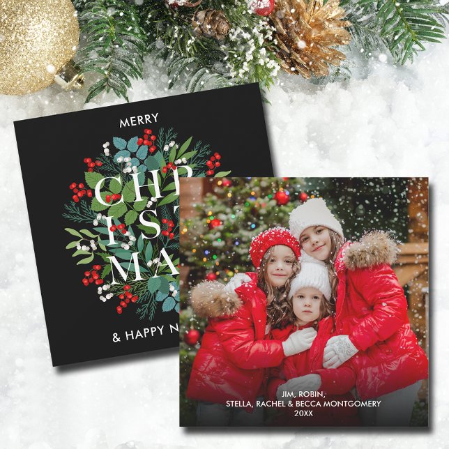 Cartes Pour Fêtes Annuelles Christmas Greens and Berries Photo (Christmas Greens and Berries Photo Cards 5.25" square TAKES EXTRA POSTAGE, mail in 5" x 7" to avoid)