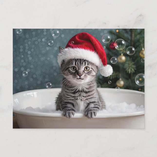 Cartes Pour Fêtes Annuelles Christmas Holiday Cute Kitten Cat in Bubble Bath  (Devant)