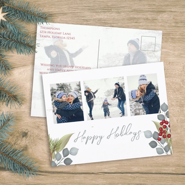 Cartes Pour Fêtes Annuelles Christmas Holiday Holly Berries Greenery 4 Photo (Happy Holidays Christmas photo budget friendly postcard template. )