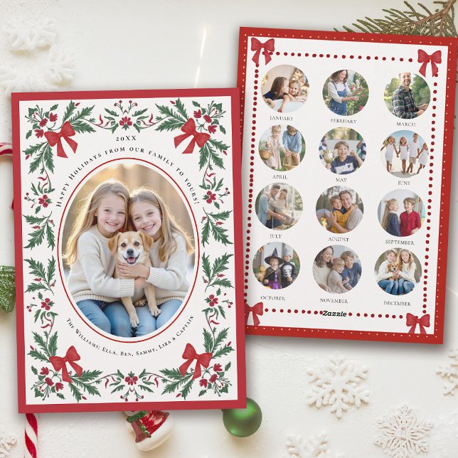 Cartes Pour Fêtes Annuelles Christmas Holidays Whimsical Botanical Art Photo (hand painted christmas card whimsical watercolor greenery red bows frame year in review photo)