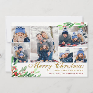 Cartes Pour Fêtes Annuelles Christmas Holly Berry 6 PHOTO Collage Salutation