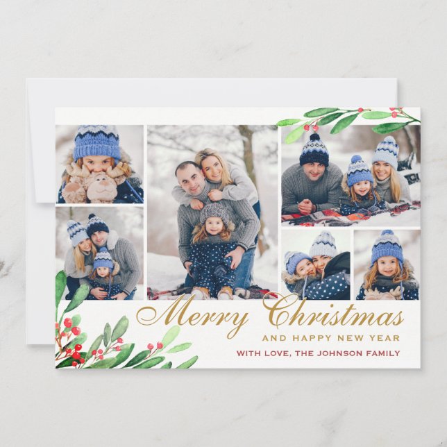 Cartes Pour Fêtes Annuelles Christmas Holly Berry 6 PHOTO Collage Salutation (Devant)