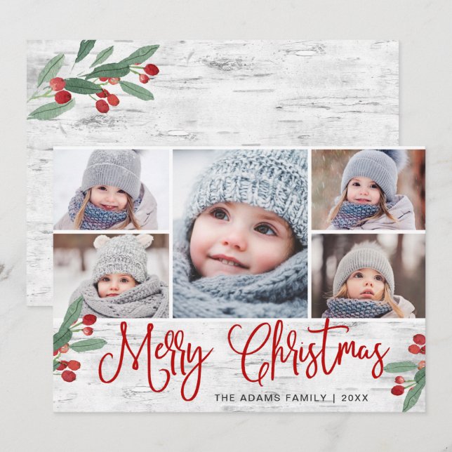 Cartes Pour Fêtes Annuelles Christmas Holly Berry Rustic Birch 5 PHOTO (Devant / Derrière)