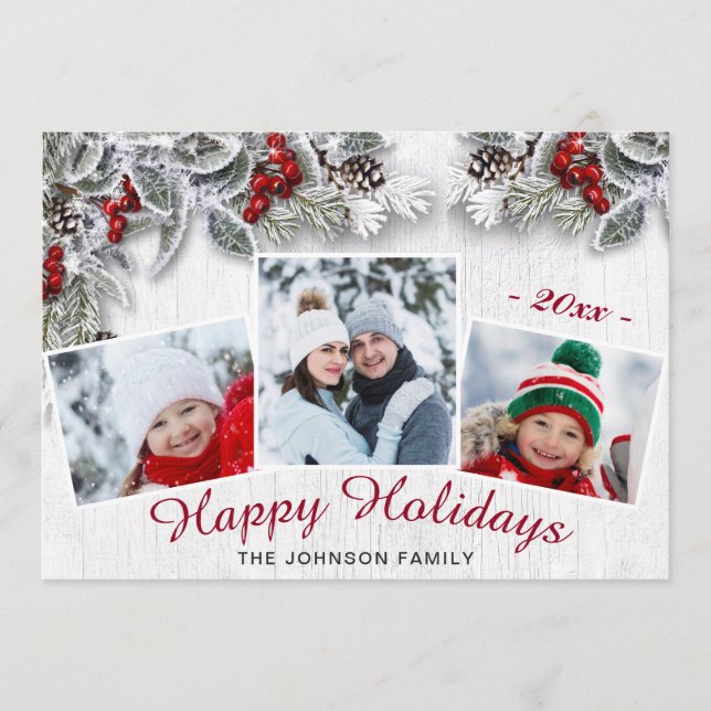 Cartes Pour Fêtes Annuelles Christmas Holly Pine Rustic 3 Photo Holiday Card (Devant)