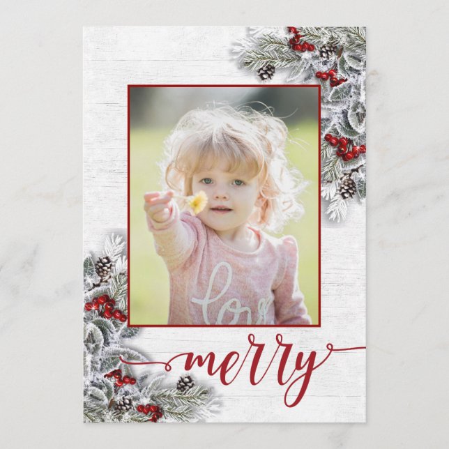 Cartes Pour Fêtes Annuelles Christmas Holly Pine Rustic Photo Holiday Card (Devant)