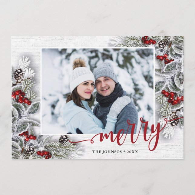 Cartes Pour Fêtes Annuelles Christmas Holly Pine Rustic Photo Holiday Card (Devant)