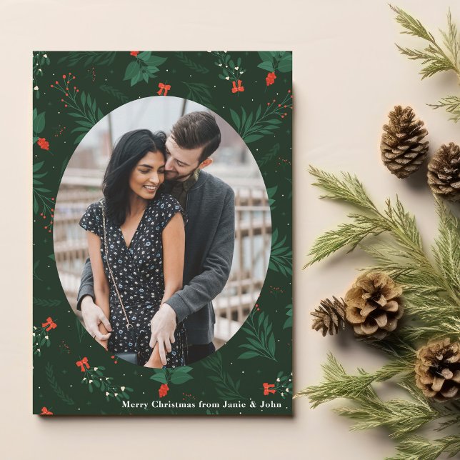 Cartes Pour Fêtes Annuelles Christmas Love Couple Photo Green Mistletoe Leaf (Créateur téléchargé)