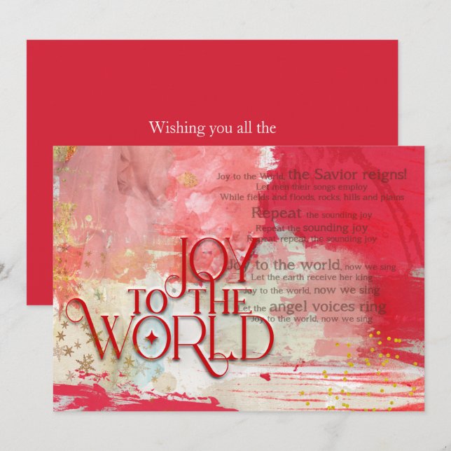 Cartes Pour Fêtes Annuelles Christmas lyrics Joy To The World Red and Gold (Devant / Derrière)