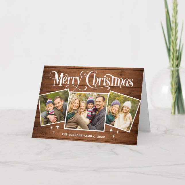 Cartes Pour Fêtes Annuelles Christmas Rustic Brown Wood 4 PHOTO Greeting (Devant)