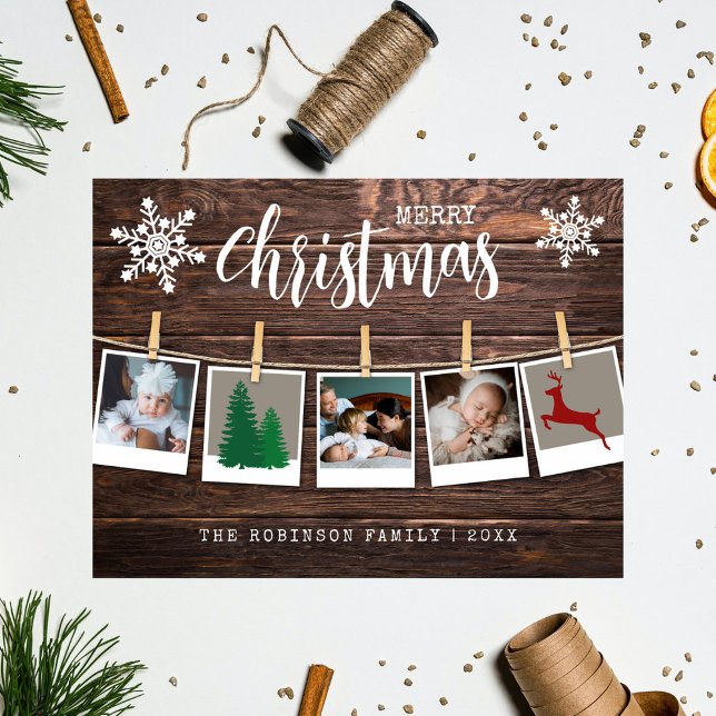 Cartes Pour Fêtes Annuelles Christmas Rustic Wood 3 Photos Collage (Créateur téléchargé)