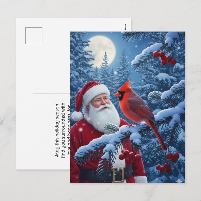 Cartes Pour Fêtes Annuelles Christmas Santa Claus with Cardinal in Snowy Tree (Devant / Derrière)