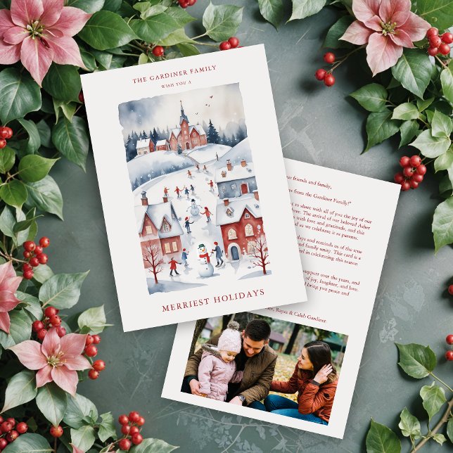 Cartes Pour Fêtes Annuelles Christmas Scandinavian Style  Snowy Winter Village (Christmas Scandinavian Nordic Style Snowy Winter Village Landscape In Red Shades Holiday Cards.)