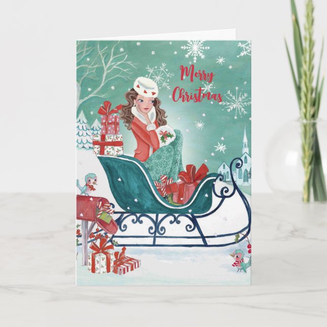 Cartes Pour Fêtes Annuelles Christmas Sleigh Shopping Girly Salutation (Devant)