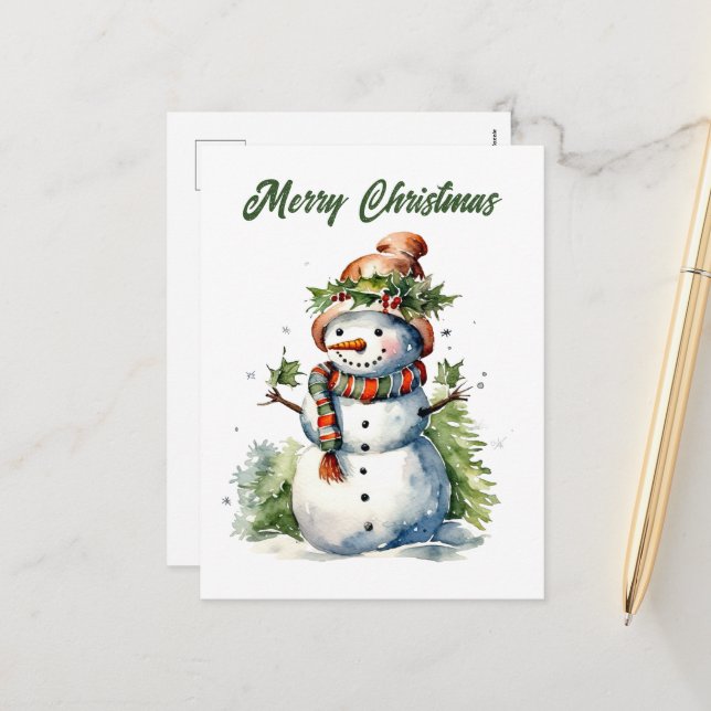 Cartes Pour Fêtes Annuelles Christmas snowman ajouter texte aquarelle Fête (Devant/Arrière en situation)
