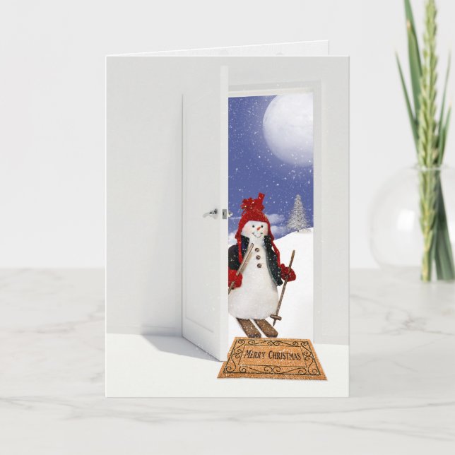 Cartes Pour Fêtes Annuelles Christmas snowman on skis in passway (Devant)