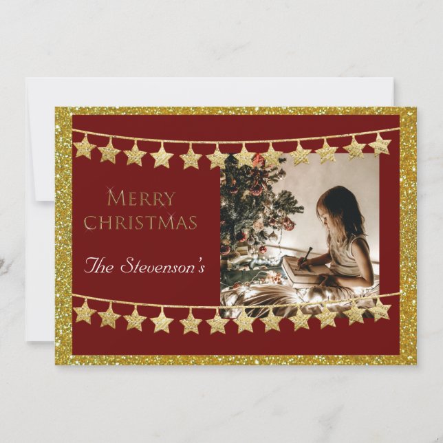 Cartes Pour Fêtes Annuelles Christmas Star Garland Photo Red Name Personnalise (Devant)