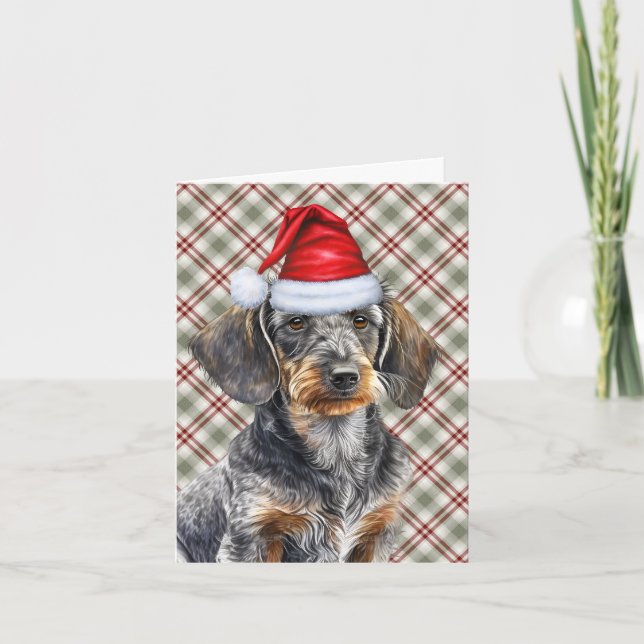 Cartes Pour Fêtes Annuelles Christmas Wirehair Dachshund et Holiday Plaid (Devant)