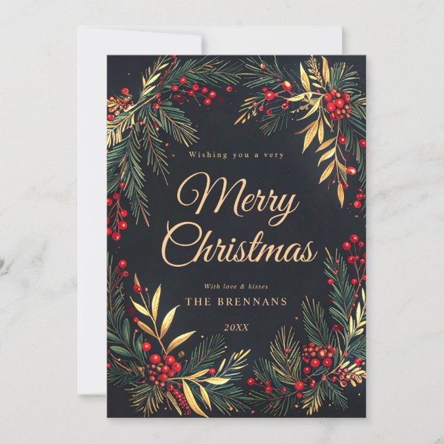 Cartes Pour Fêtes Annuelles Christmas Wreath Green Red Gold Festive Elegant (Devant)